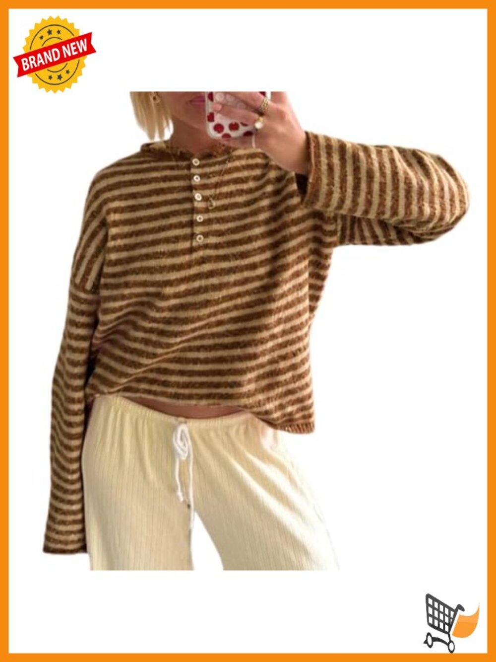Striped Henley Sweater Long Sleeve Knit Pullover Top